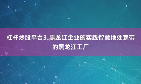 杠杆炒股平台3.黑龙江企业的实践智慧地处寒带的黑龙江工厂